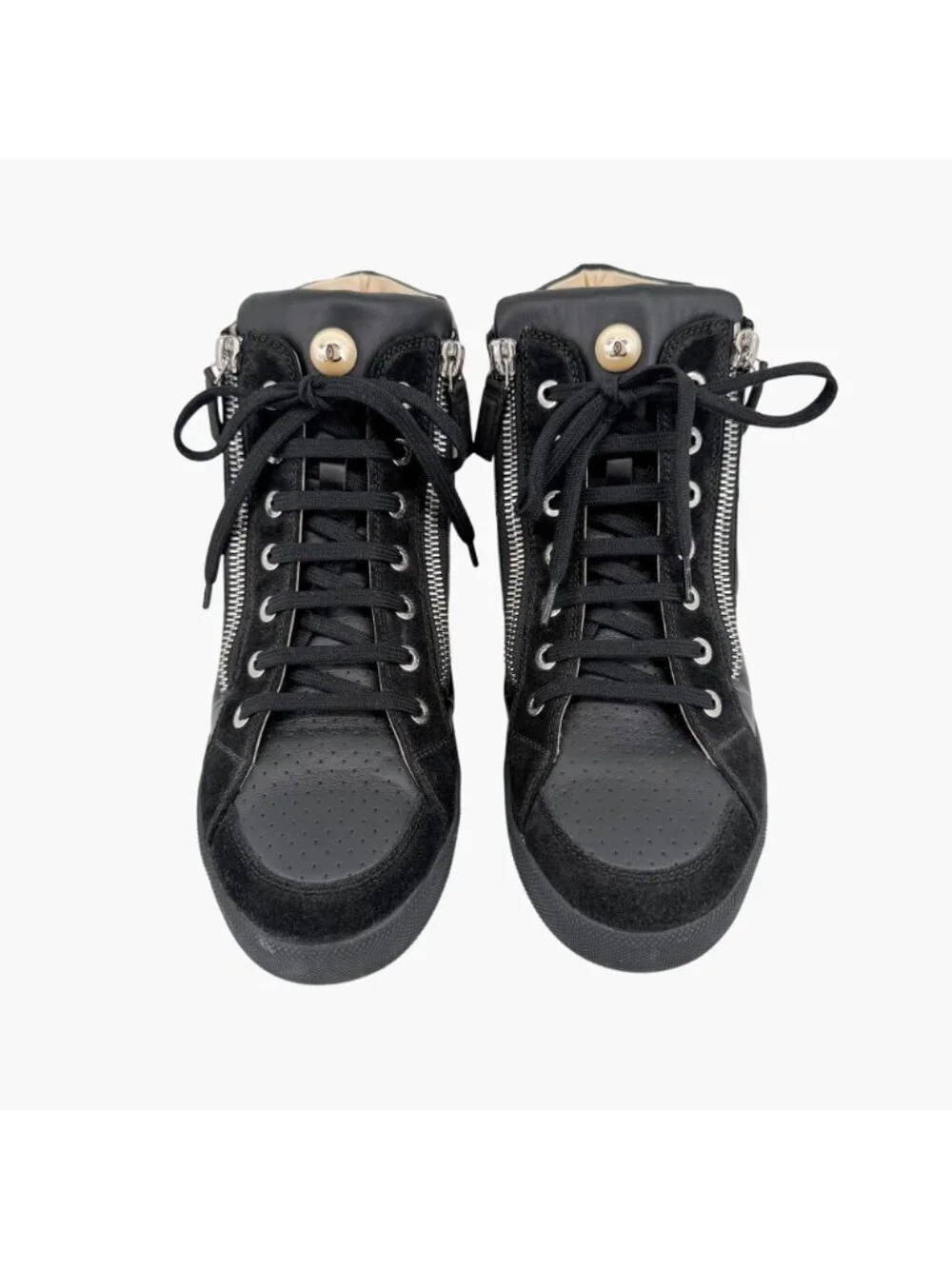 Chanel CC Pearl High Top Sneakers Black Size 38 US 7-7.5 Women's Quilted Nylon